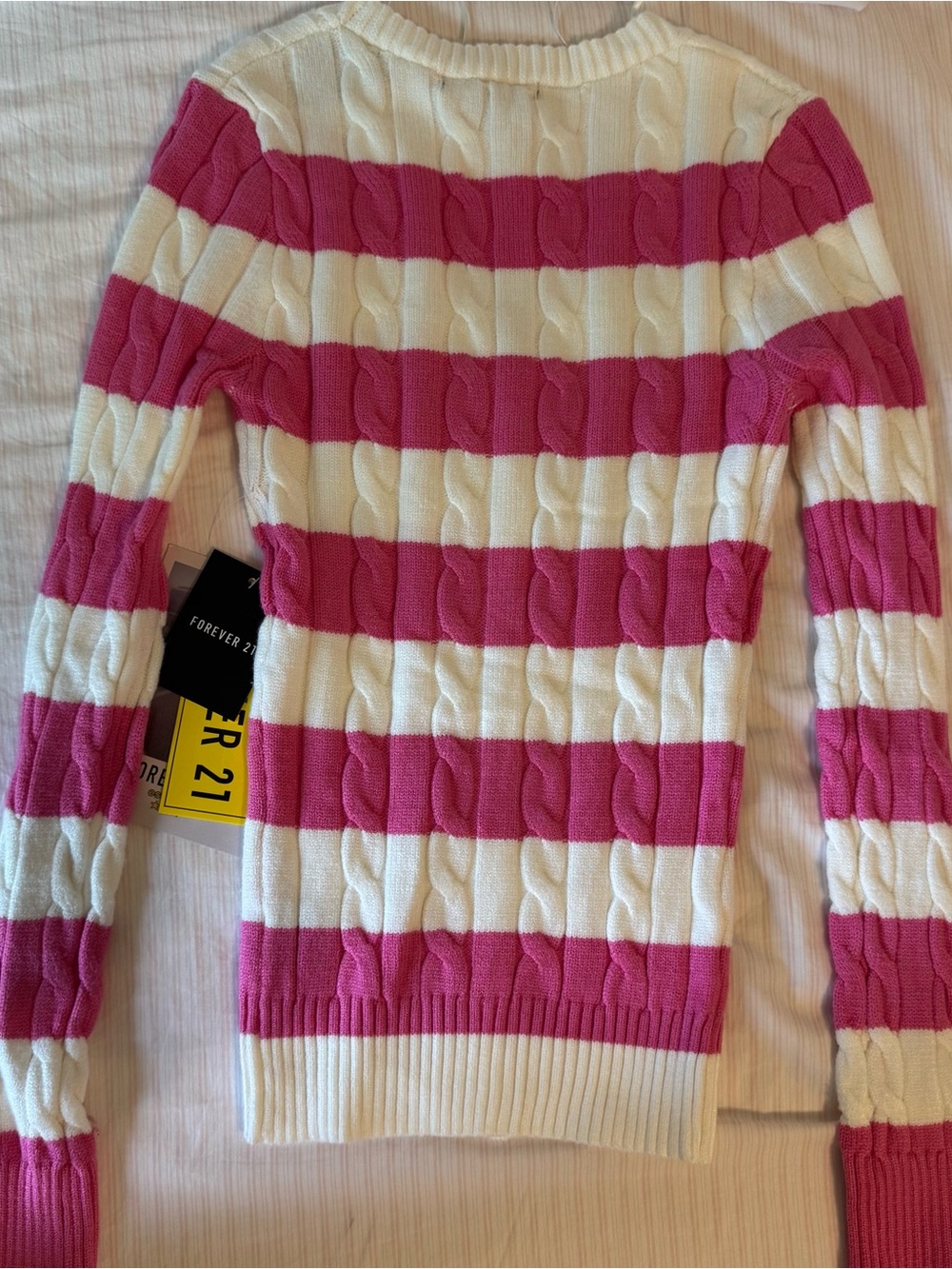 Forever 21 vintage Pink and white Striped Cable-Knit Cardigan Sweater - Picture 4 of 5